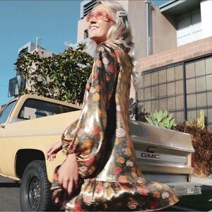 Zara Shiny Floral Print Gold Dress NWT